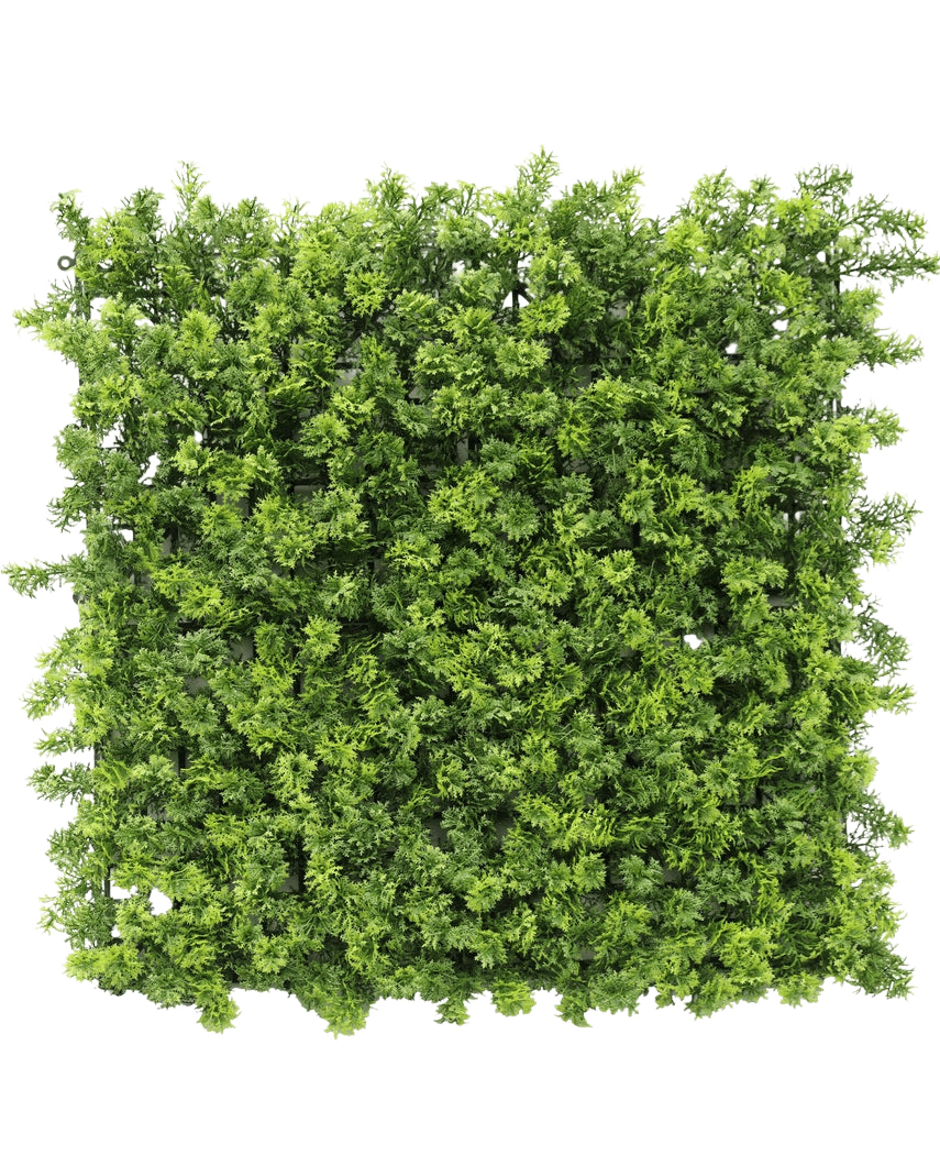 La mousse de haie artificielle 50x50 cm UV est un panneau carré dense de feuillage vert artificiel avec de petites branches de feuilles, représenté d'en haut sur un fond blanc.