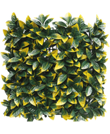 La Haie Artificielle Photonia jaune 50x50 cm UV présente des panneaux carrés et denses de feuilles artificielles panachées vertes et jaunes pour un aspect luxuriant et vivant. La couche raster est partiellement visible derrière le feuillage pour une installation facile.